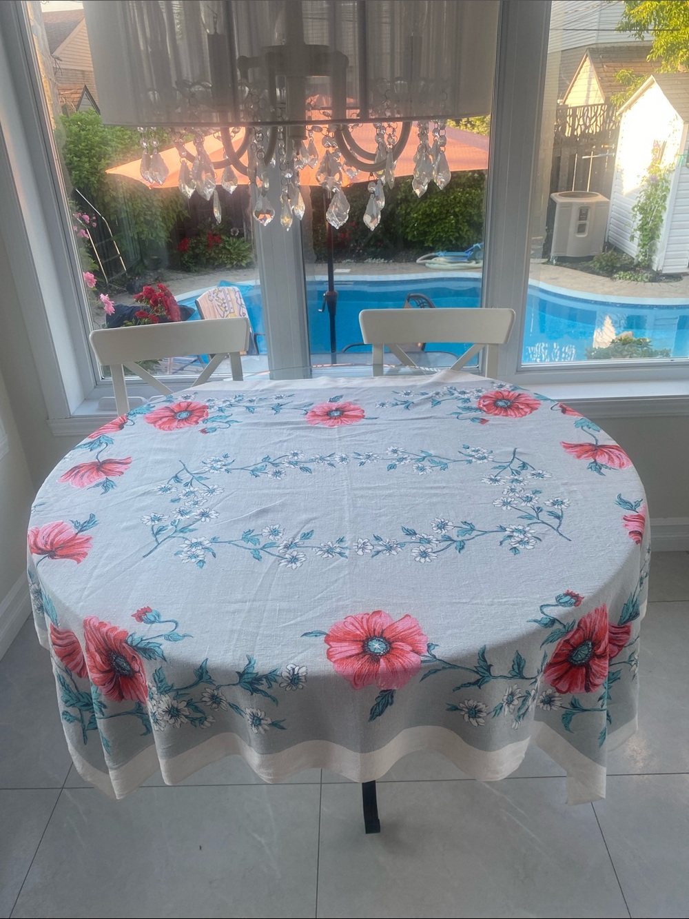 LINEN VTG  blue grey Floral Square Tablecloth in White Pink Flowers 64”x49.5”
